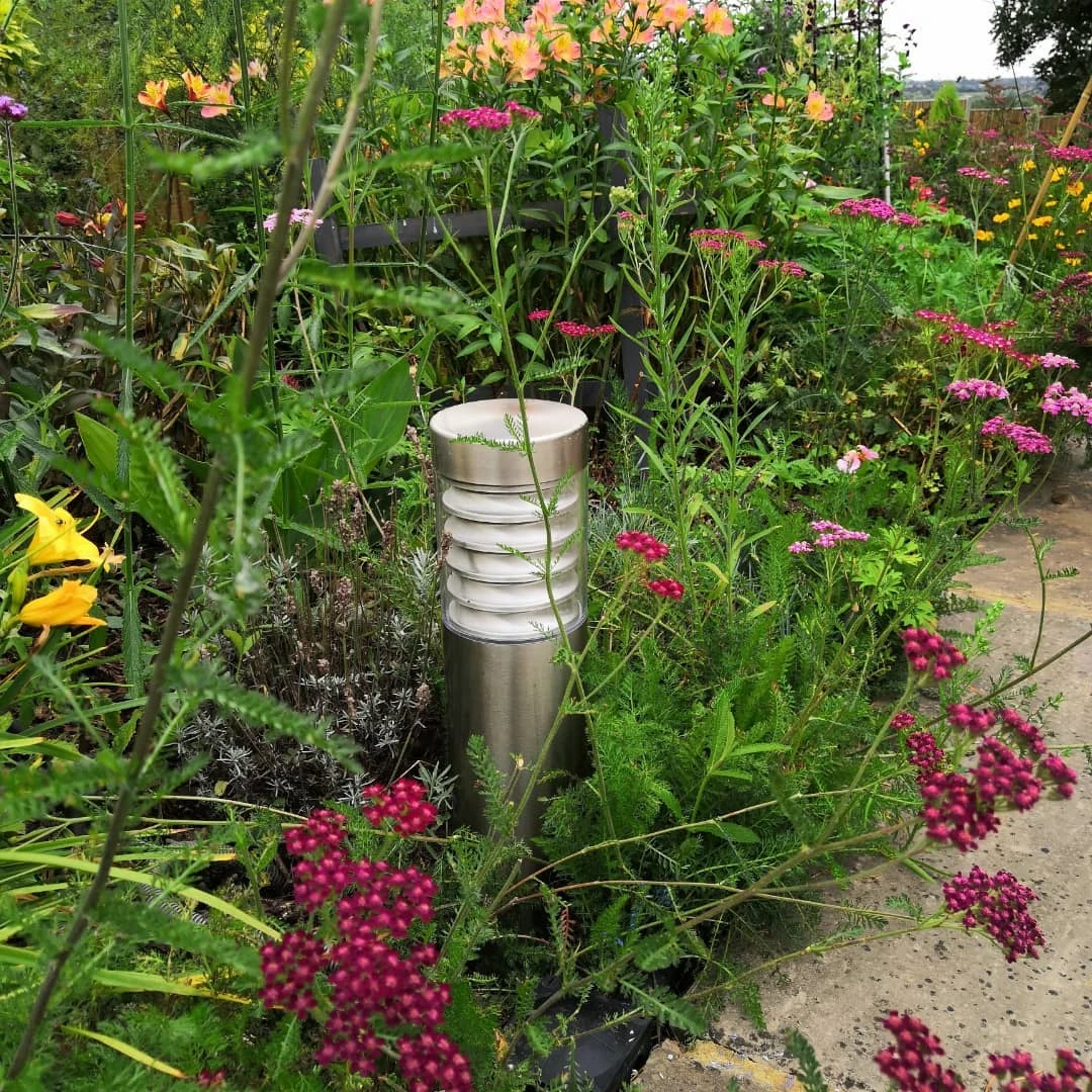 Stainless steel bollard light installed in a flowering garden border